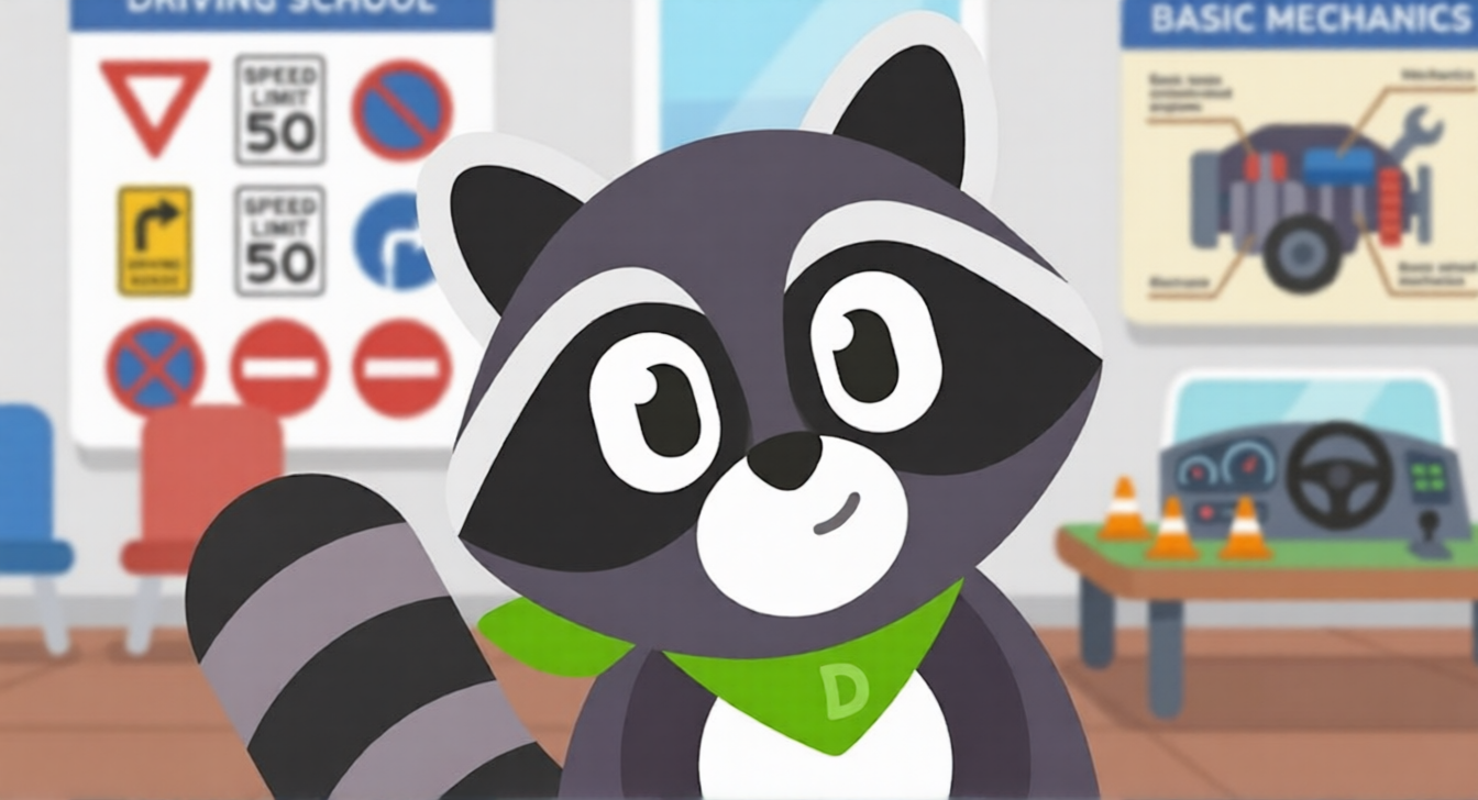 Rocco, el simpático mapache, en su aula de autoescuela enseñando mecánica y señales de tráfico